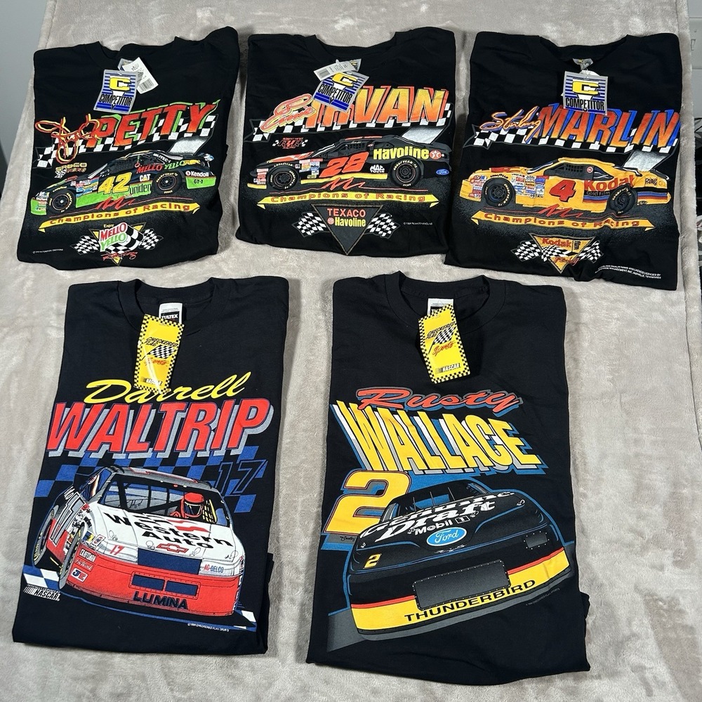 Vintage 90's Lot of 5 NASCAR T-Shirts Deadstock Single Stitch L M Black NWT USA